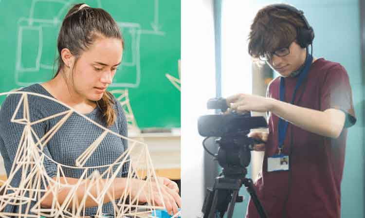 a studio art student works on a project and a student operates a video camera.