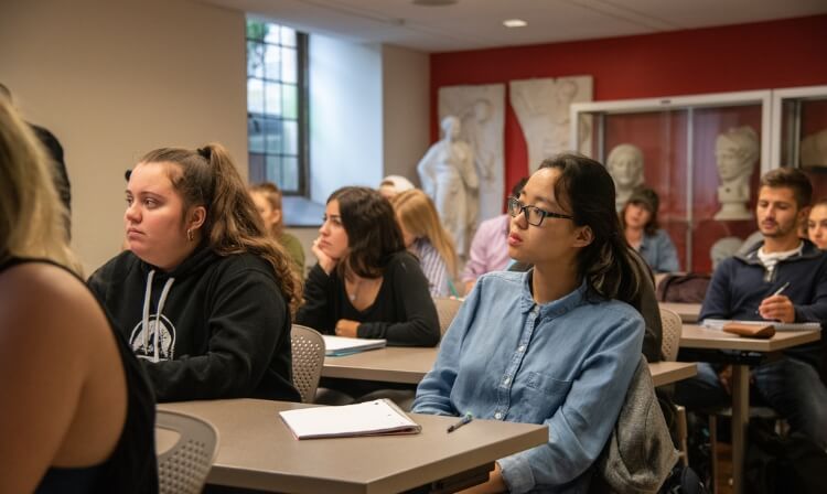 A group of students sitting at desks listen to a lecturer in a classroom.