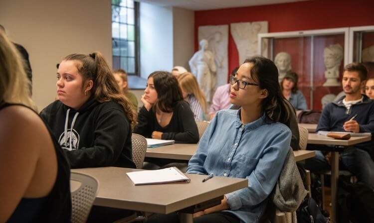 A group of students sitting at desks listen to a lecturer in a classroom.