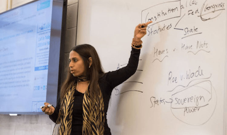 A professor stands at a whiteboard pointing at a box that reads “Constitution”. 