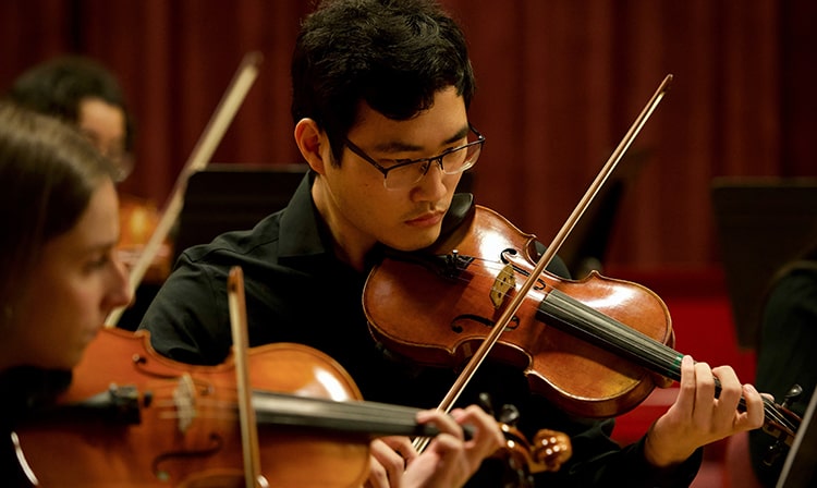 Students playing viola in an orchestral concert.