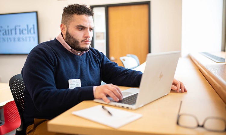 A student sits at a desk on their laptop.