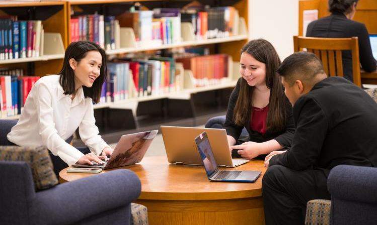 Students sitting and collaborating on laptops in the library. 