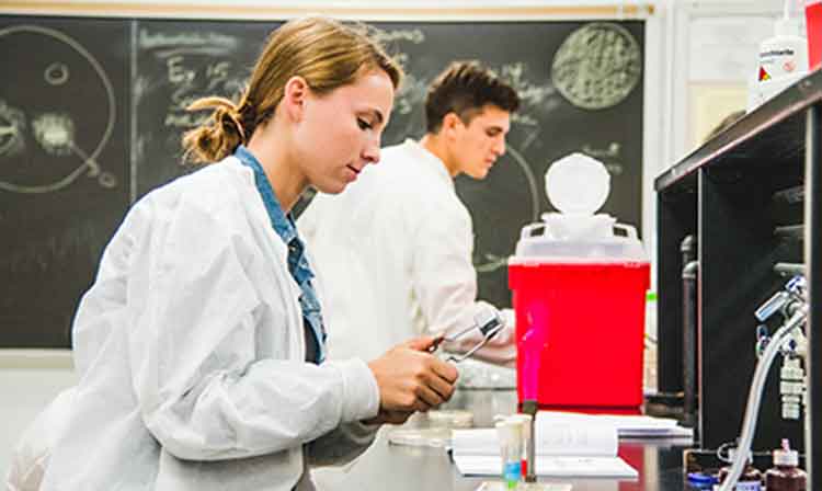 Two students in lab coats do work in a lab.