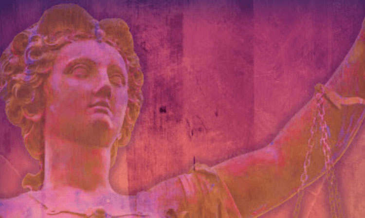 Ancient sculpture faded into a pink and purple backdrop. 