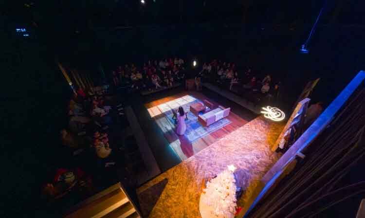 An aerial view of a black box theatre. 