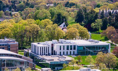 Aerial photo of the Barone Campus Center on Fairfield Connecticut Campus