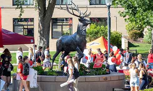 Student walking past stag statue