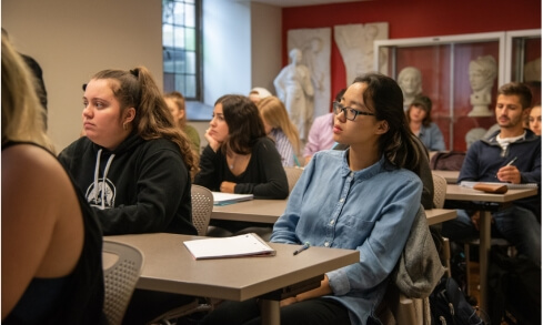 A group of students sitting at desks listen to a lecturer in a classroom.