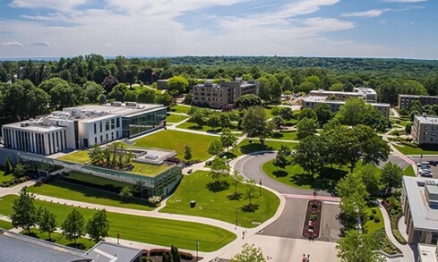 An aerial view of Fairfield’s campus on a sunny day.