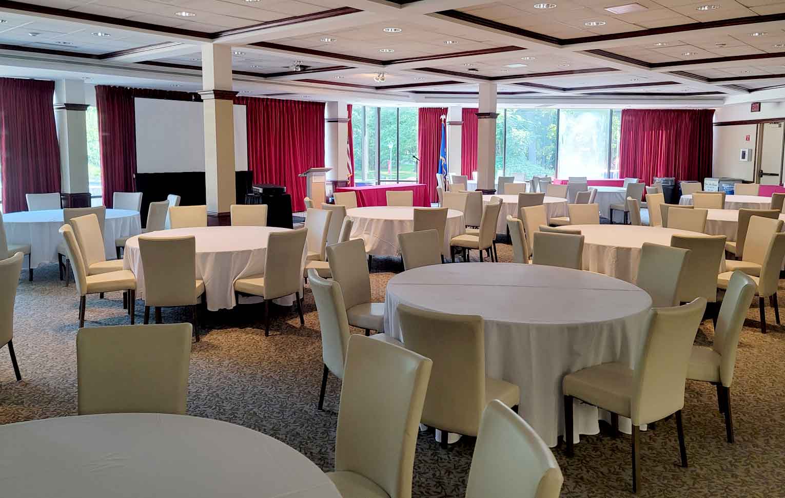 Conference Center Dining Room with tables and chairs set up.