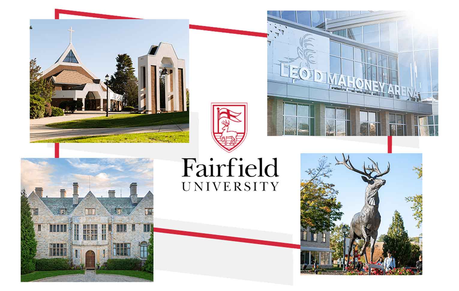 Fairfield University logo surrounded by pictures of the Leo D Mahoney Arena, Bellarmine Hall, the Stag Statue and Egan Chapel.