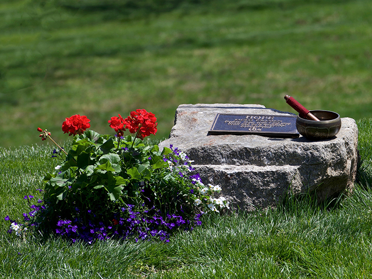 Red and purple flowers next to the final step in the Walking Examen, a plaque for 'Hope'.