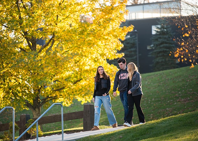 Students walking down a hill on campus on a fall day.