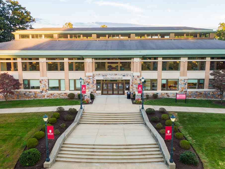 An aerial view of the pathway leading into the library.