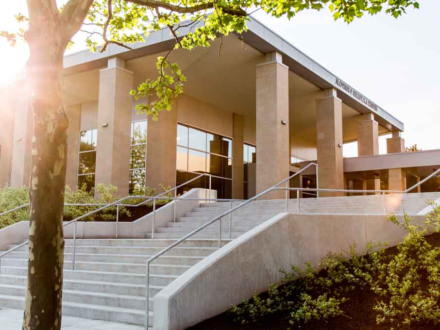 An exterior view of the stairs leading to the Kelley Center.