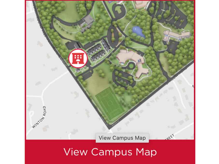 a map showing location of Koslow Center in South West corner of Fairfield University campus.