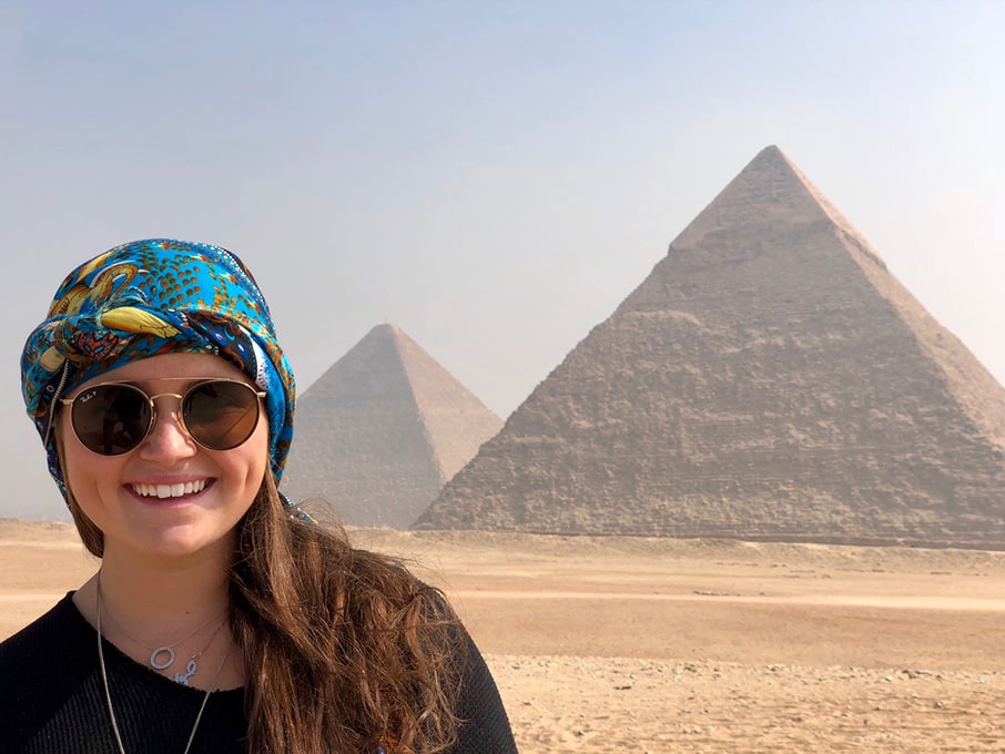 Kaitlyn Aussenheimer ’20 at the Pyramids of Giza in Cairo, Egypt.