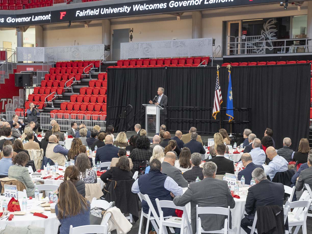 Image of Governor Ned Lamont speaking at the Mahoney Arena