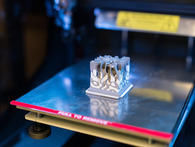 A freshly 3D-printed triply periodic minimal surface (TPMS) cube with a coral-like physical composition.