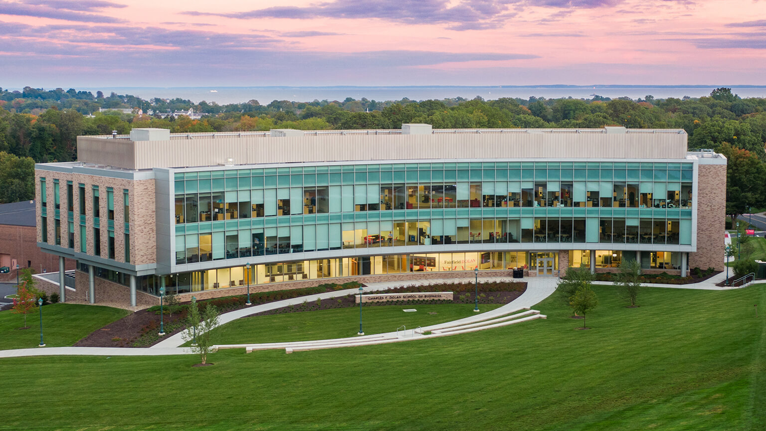 A striking image of the Dolan building, highlighting its unique design and integration into the campus.