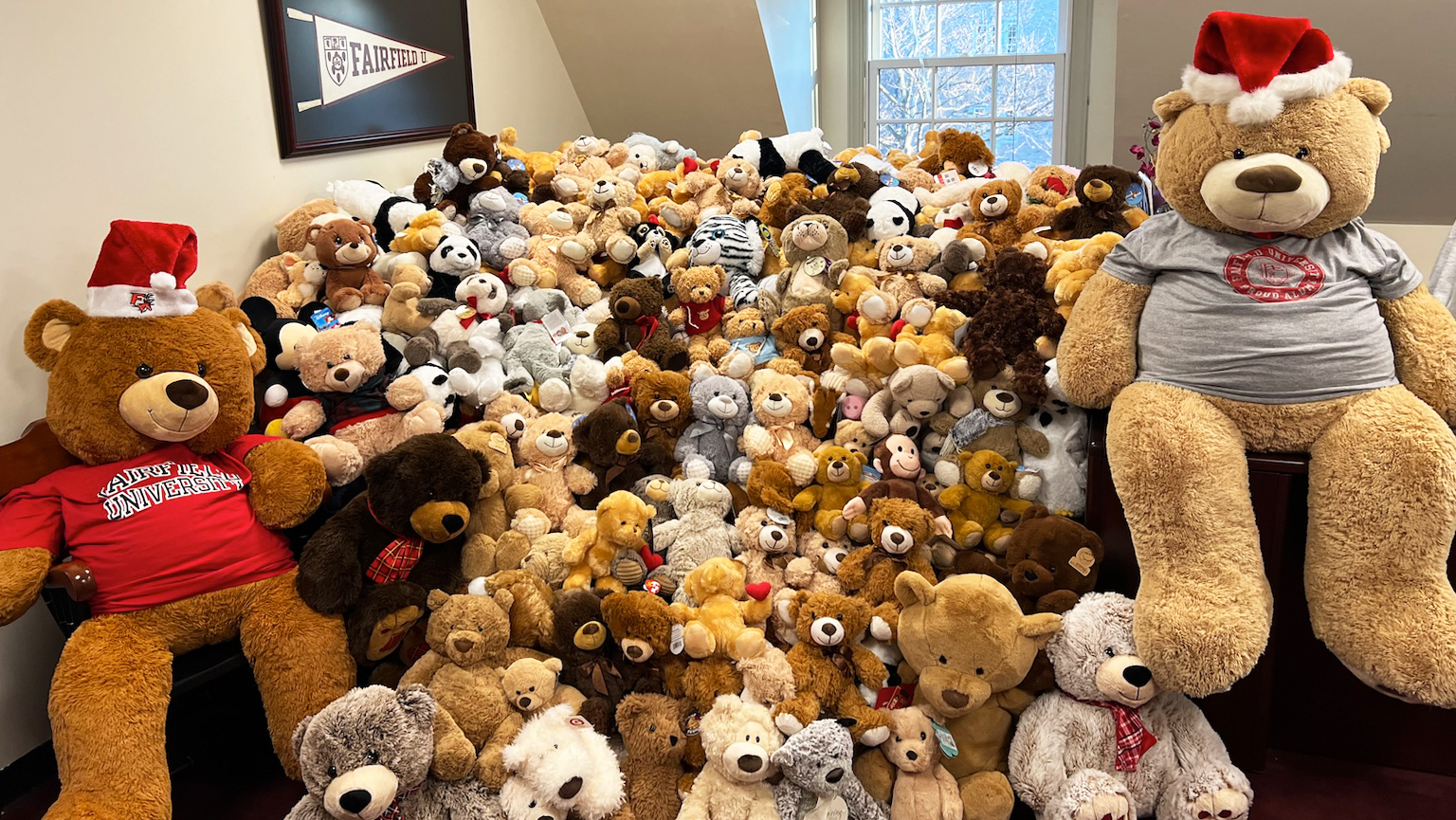 A large pile of assorted teddy bears in various colors and sizes, creating a cozy and inviting display.