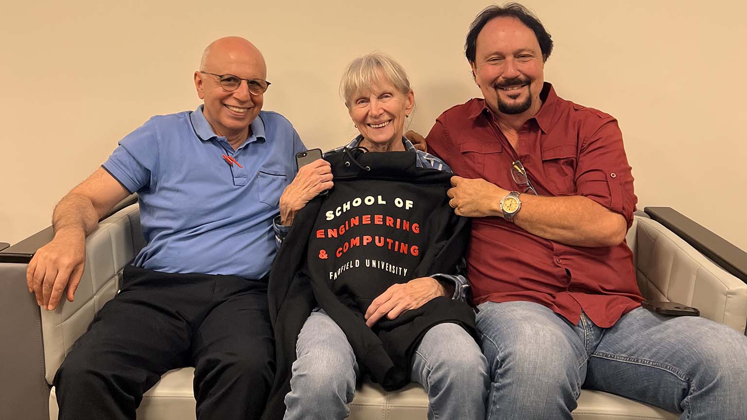 Image of Shahrokh Etemad, Ellie Hawthorne ’85, MA’88, and Dominic Figueredo.