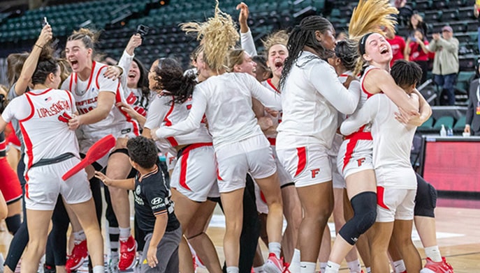 Fairfield Women's Basketball celebrates its most recent MAAC Championship in 2022.