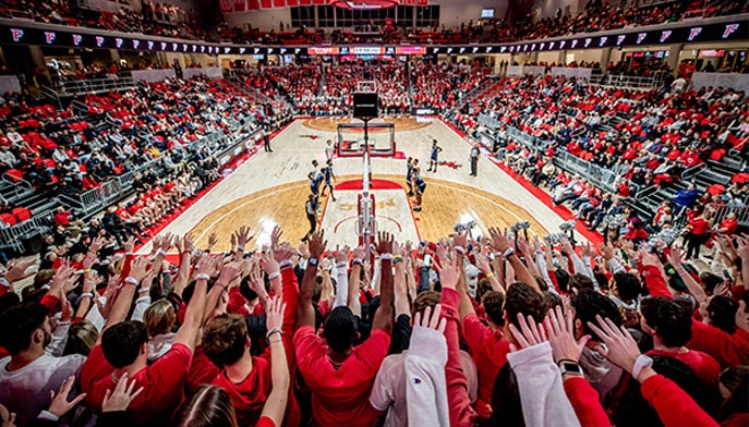 Athletics fans fill the seats at the Mahoney Arena during a home game.