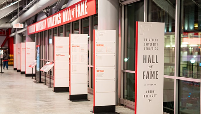 The new Fairfield Athletics Hall of Fame stands on the concourse of Leo D. Mahoney Arena.