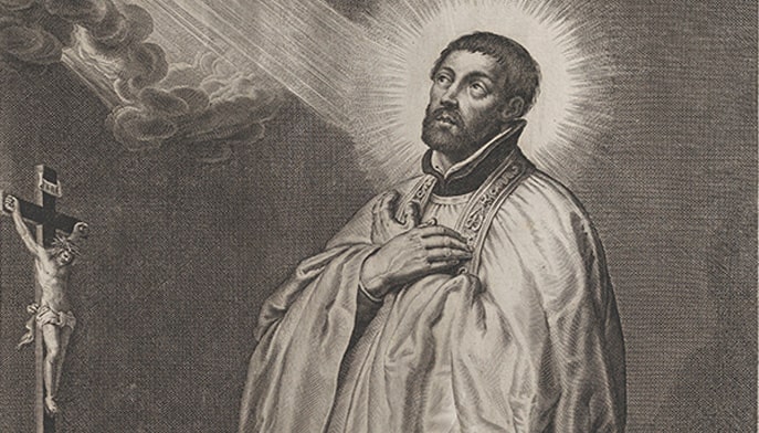 A sepia tone image of St. Francis Xavier, S.J. looking up at that heavens. 