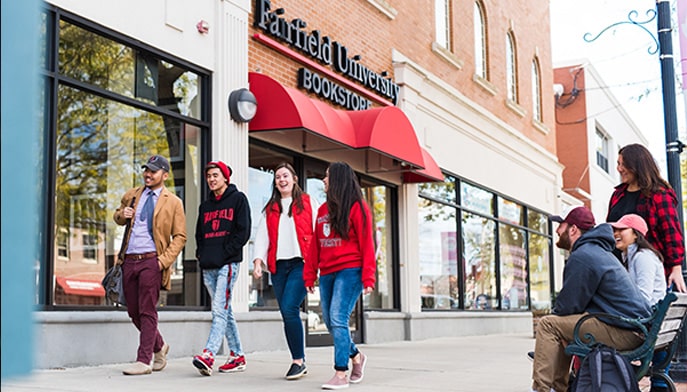 picture taken of students outside the fairfield university bookstore