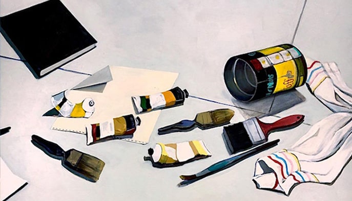 Lucy Sallick, Studio Floor: Still Life #4, 1975, Oil on canvas. Westport Public Art Collections, 530, Bicentennial Trust for Westport Art, 1976-1978. © Lucy Sallick