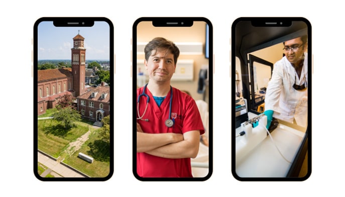 Three smartphones with photos of Bellarmine campus, male Egan School of Nursing student, and male Engineering and Computing professor. 