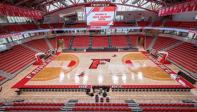 Interior view of the Mahoney Arena with basketball court shown.