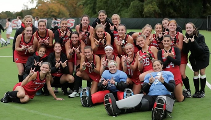 Fairfield Field Hockey celebrates the Oct. 20 win over Rider on University Field.