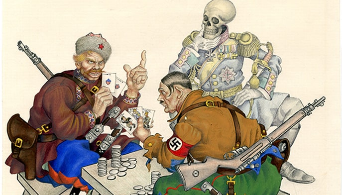 Arthur Szyk 1894-1951, Poland, France, UK, Canada, and the United States. The Silent Partner In this game, Adolph, two aces is more than three kings. New York, 1941 Watercolor, gouache, ink, and pencil on paper Taube Family Arthur Szyk Collection, The Magnes Collection of Jewish Art and Life, UC Berkeley, 2017.5.1.69.