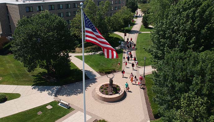 Image of American flag and stag statue