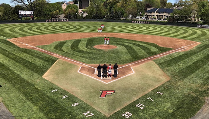 Alumni Diamond will be renamed Don '63 and Chris '88 Cook Field, baseball filed view from home plate.