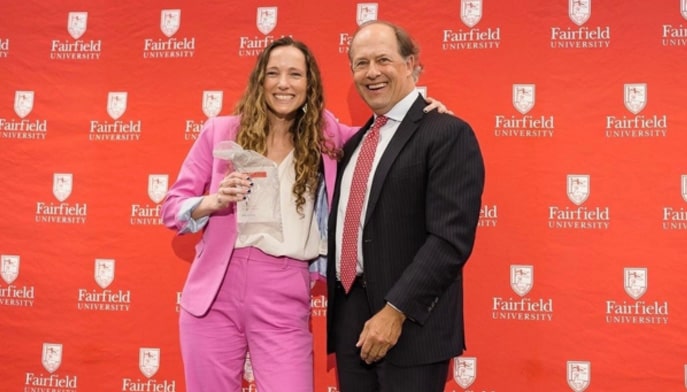 University President Mark R. Nemec, PhD and Kate McGrady MA '24 at the Student Achievement Awards.