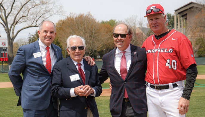 Vice President for Athletics Paul Schlickmann, Don Cook '63, President Mark R. Nemec, PhD, and Head Baseball Coach Bill Currier