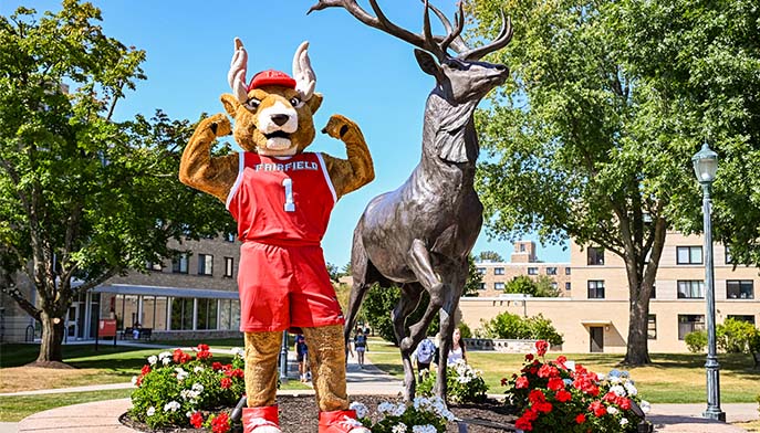 Image of Lucas the stag at the stag statue