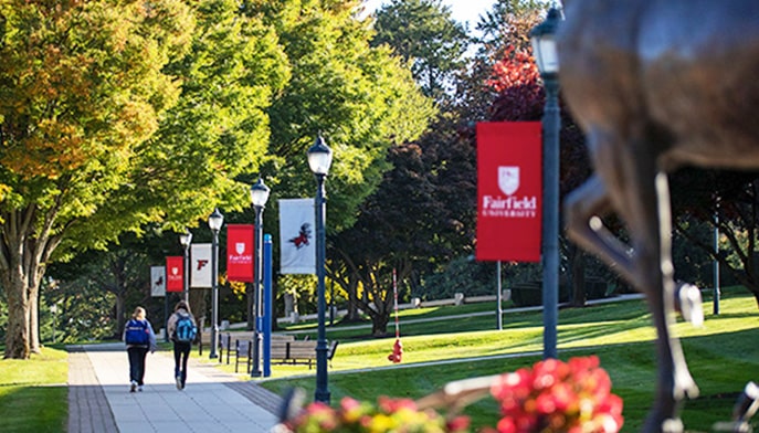 Two students with back turned to camera walking on sidewalk on Fairfield University campus.