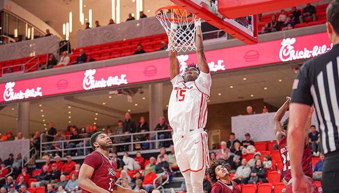 Image of an exciting basketball match taking place in the Leo D. Mahoney Arena