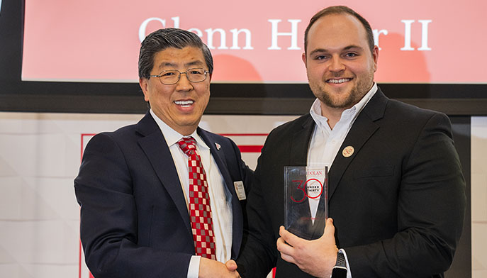 Dean Zhan Li, DBA, with Executive Doctor of Business Administration candidate Glenn Heller II at the 2024 Dolan Awards Ceremony.