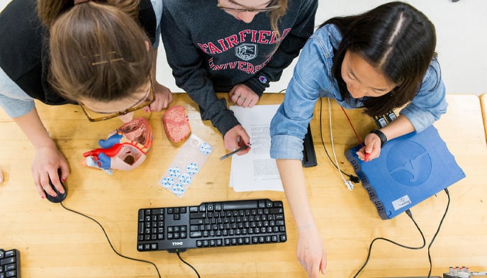 3 biomedical engineering students at work