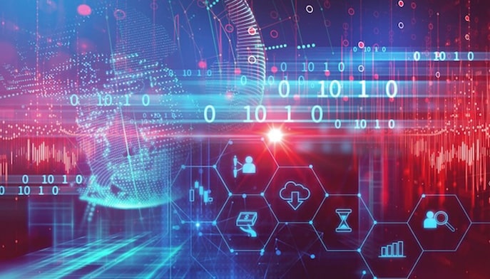 A red and blue graphic showing numbers and icons related to financial technology such as binary code, a relational database, a box plot, a bar graph, and a globe. 