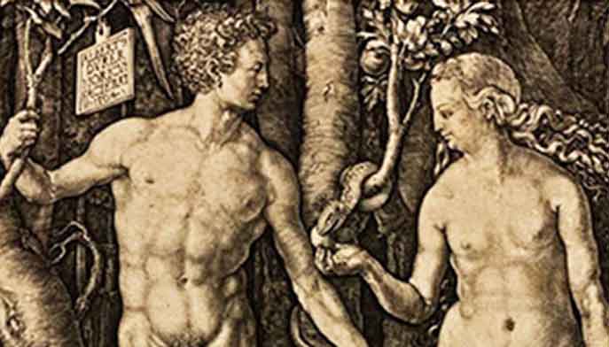 Adam and Eve depicted in a divine setting, symbolizing the beginning of humanity and the connection to creation.