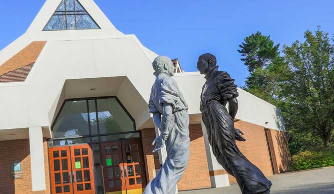 The Examen statue on the Egan Chapel patio.