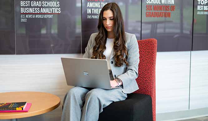 A person sitting in front of a wall displaying school rankings. 